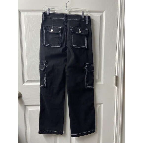 Telepatia  Wide Leg Cargo Jeans Juniors 9/29  Black White Stitch Pockets Hip Hop - Picture 2 of 8